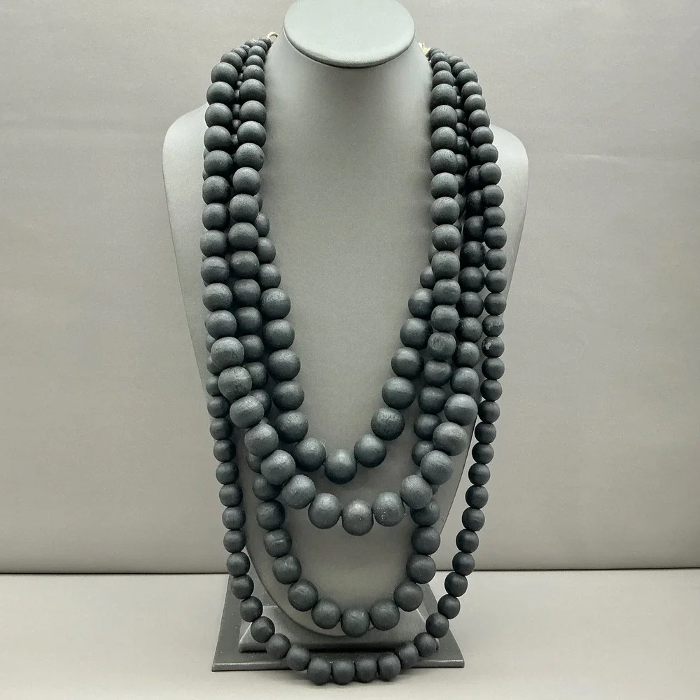 Chico's Necklace Black Wood Bead Multi Strand Layered Statement Gold Tone Boho